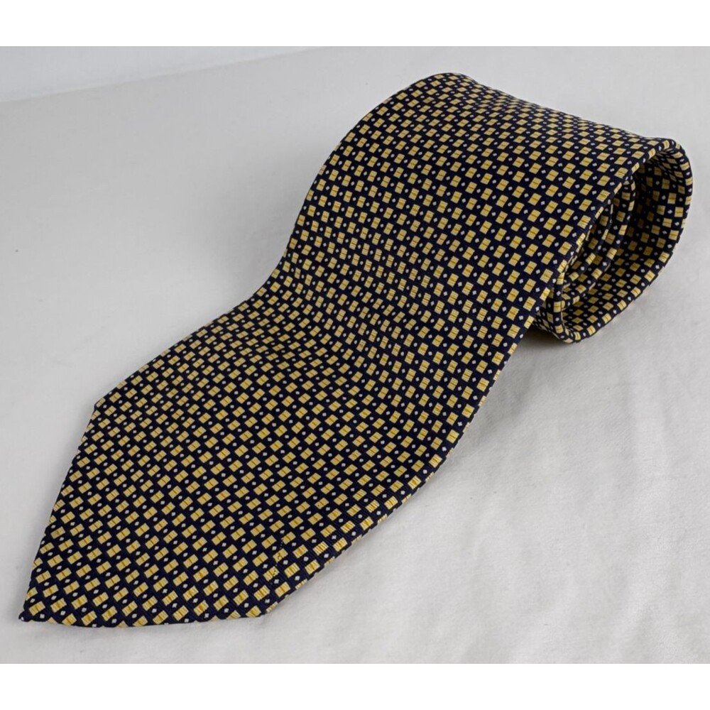 Angelo Rossi Silk Tie Men's Navy Yellow Geometric 60" Made Italy Vintage